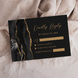 Tarjeta De Confirmación De Asistencia Boda negro moderno de la agata del oro oscuro