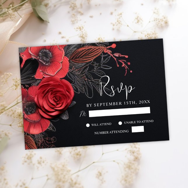 Tarjeta De Confirmación De Asistencia Boda negro moreno gótico floral oscuro (Black Moody Gothic Floral Dark Wedding RSVP Card)
