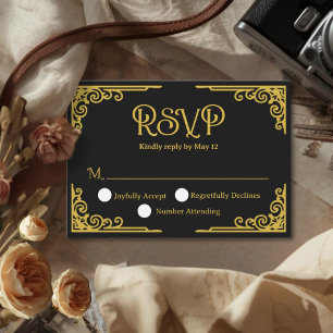 Tarjeta De Confirmación De Asistencia Boda Negro Oro Vintage