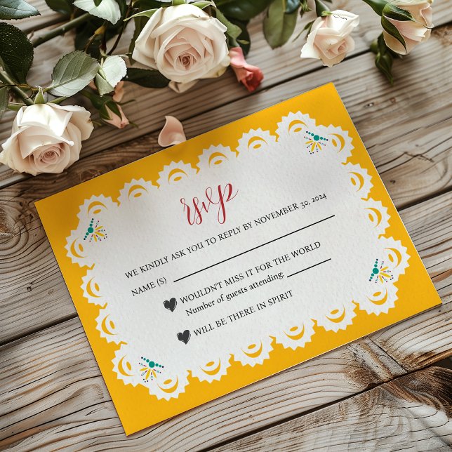 Tarjeta De Confirmación De Asistencia Boda Nuestra Boda (Mexican Papel Picado Yellow Nuestra Boda Wedding RSVP Card)