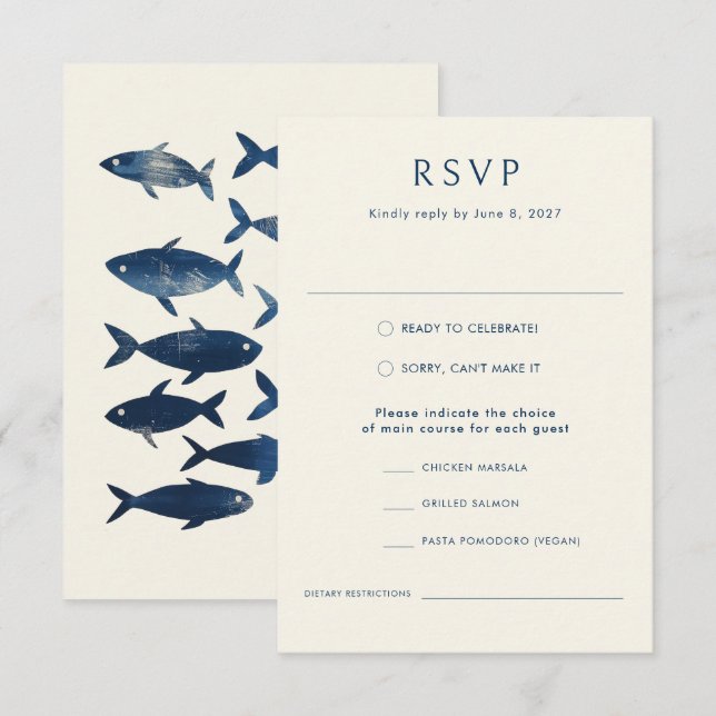 Tarjeta De Confirmación De Asistencia Boda oceánico moderno con estilo Nautical Blue Fis (Anverso / Reverso)