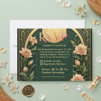 Tarjeta De Confirmación De Asistencia Boda Ornata Verde Vintage de Lujo Alphonse Mucha