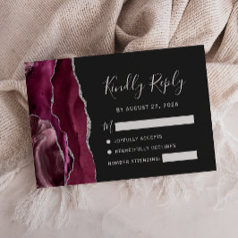 Tarjeta De Confirmación De Asistencia Boda oscura de burgundy moderno con plata y ágata