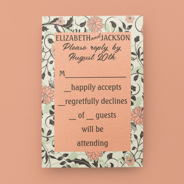 Tarjeta De Confirmación De Asistencia Boda Peach, Green y Brown Chintz (Subido por el creador)