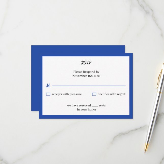 Tarjeta De Confirmación De Asistencia Boda personalizada azul simple (Anverso/Reverso In Situ)