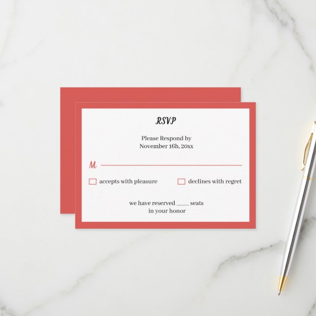 Tarjeta De Confirmación De Asistencia Boda personalizado rojo simple (Anverso/Reverso In Situ)