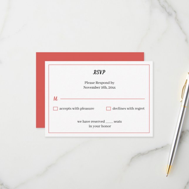 Tarjeta De Confirmación De Asistencia Boda personalizado rojo simple (Anverso/Reverso In Situ)