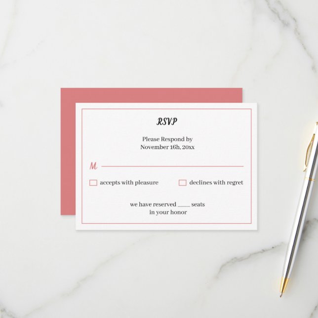 Tarjeta De Confirmación De Asistencia Boda personalizado simple Rosa (Anverso/Reverso In Situ)
