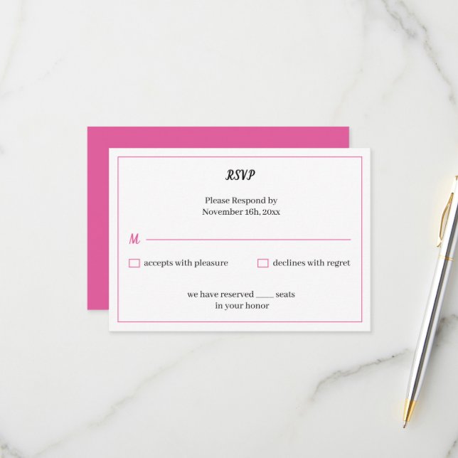 Tarjeta De Confirmación De Asistencia Boda personalizado simple Rosa (Anverso/Reverso In Situ)