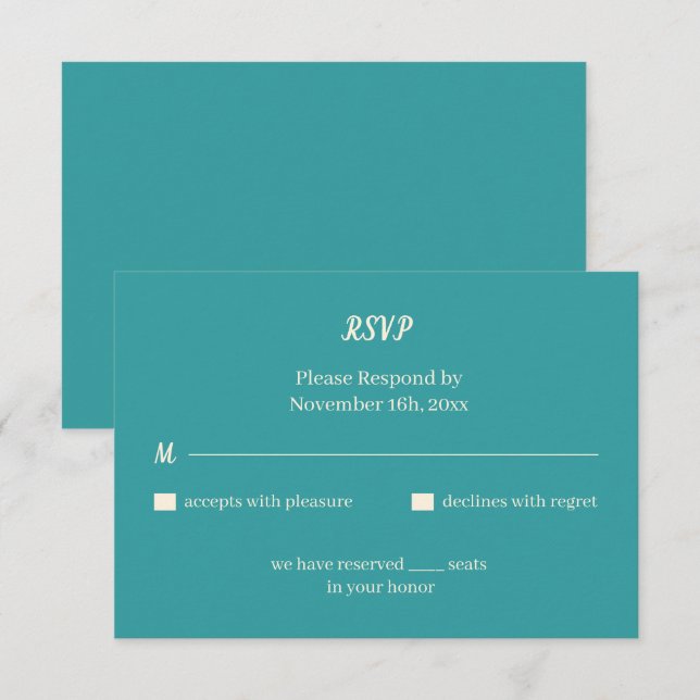Tarjeta De Confirmación De Asistencia Boda personalizado Verde azulado simple (Anverso / Reverso)