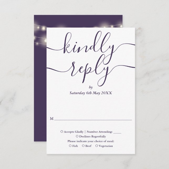 Tarjeta De Confirmación De Asistencia Boda Purple Script String Lights (Anverso / Reverso)