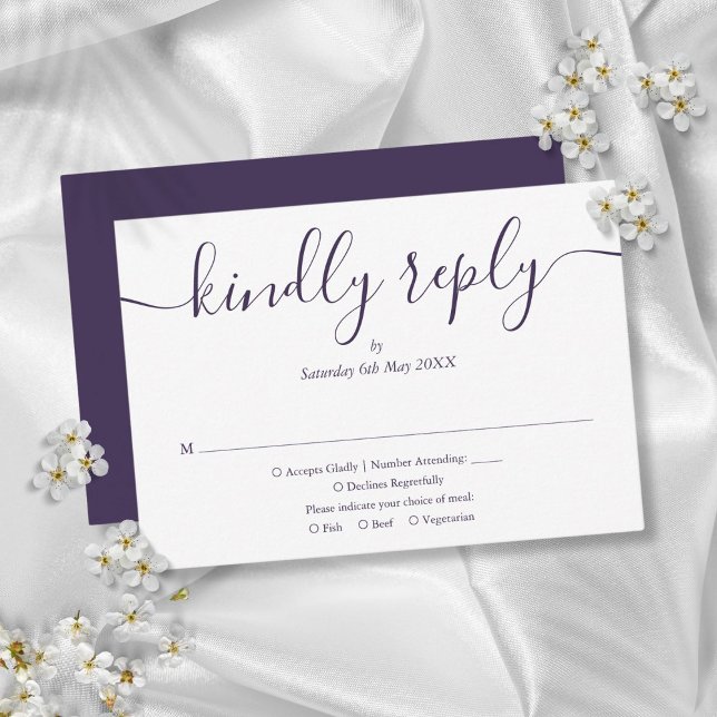 Tarjeta De Confirmación De Asistencia Boda Purple Simple Elegant Script (Purple Simple Elegant Script Wedding RSVP Card)
