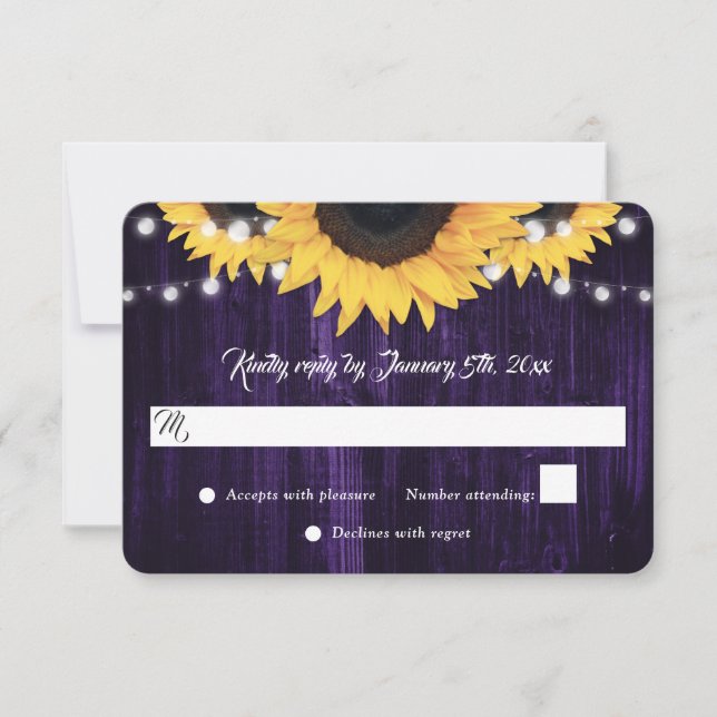 Tarjeta De Confirmación De Asistencia Boda Purple Sunflower Wood String Lights (Anverso)