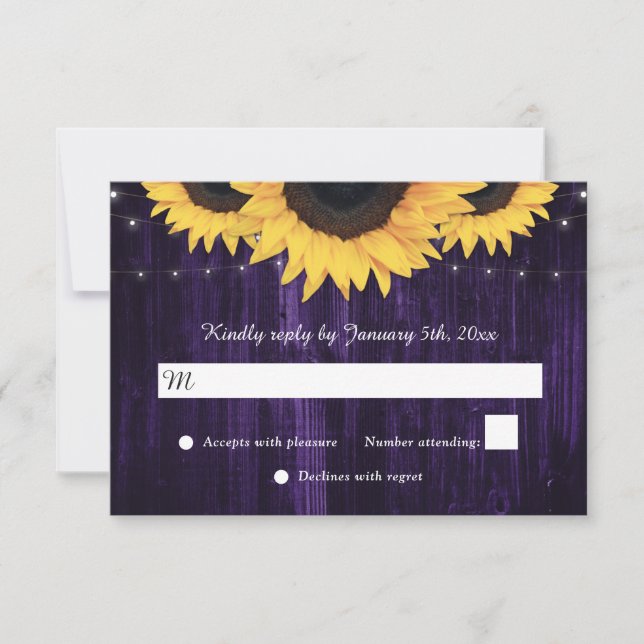 Tarjeta De Confirmación De Asistencia Boda Purple Sunflower Wood String Lights (Anverso)