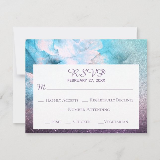 Tarjeta De Confirmación De Asistencia Boda púrpura azul de la acuarela del purpurina (Anverso)