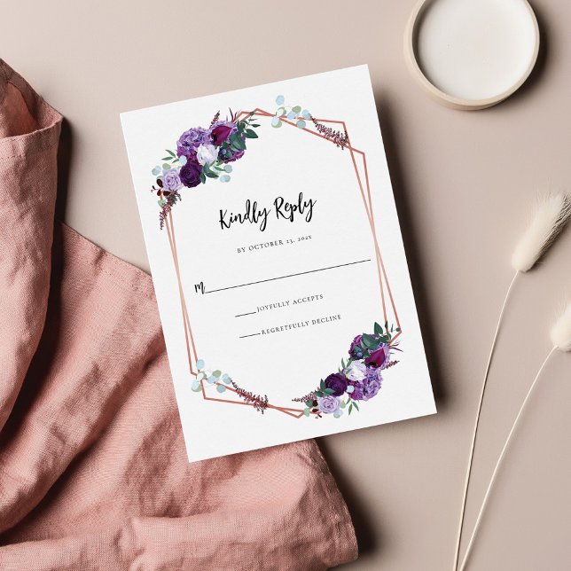 Tarjeta De Confirmación De Asistencia Boda púrpura de flor acuarela (Floral Purple Wedding Response RSVP Card)