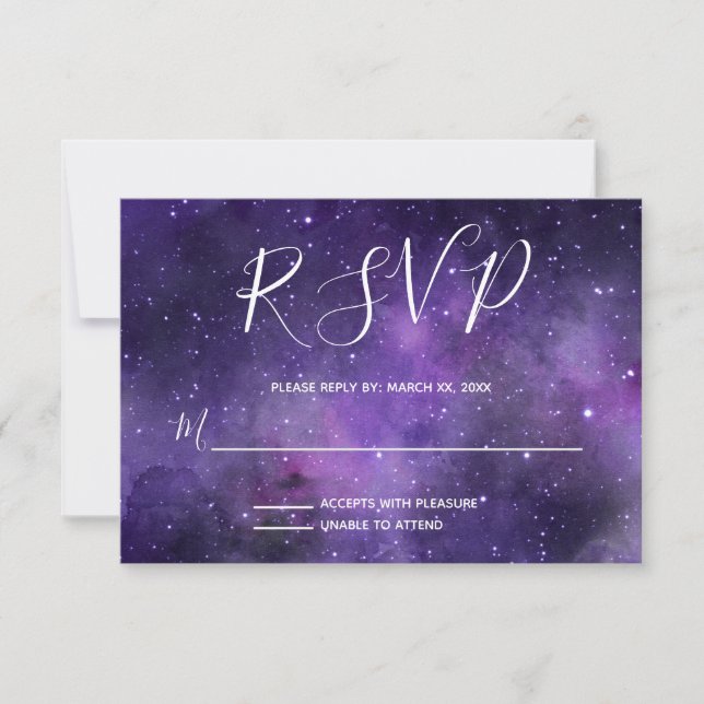 Tarjeta De Confirmación De Asistencia Boda púrpura de Night Sky Starlight (Anverso)
