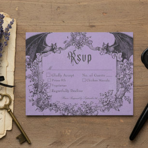 Tarjeta De Confirmación De Asistencia Boda púrpura gótica vintage negra toile