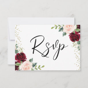 Tarjeta De Confirmación De Asistencia Boda Purpurina de Flores de Borgoña y Rubor