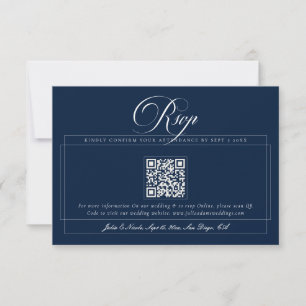 Tarjeta De Confirmación De Asistencia Boda QR Caligrafía Marfil Azul Navy Clásico