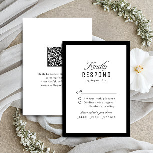 Tarjeta De Confirmación De Asistencia Boda QR código elegante escritura negro blanco