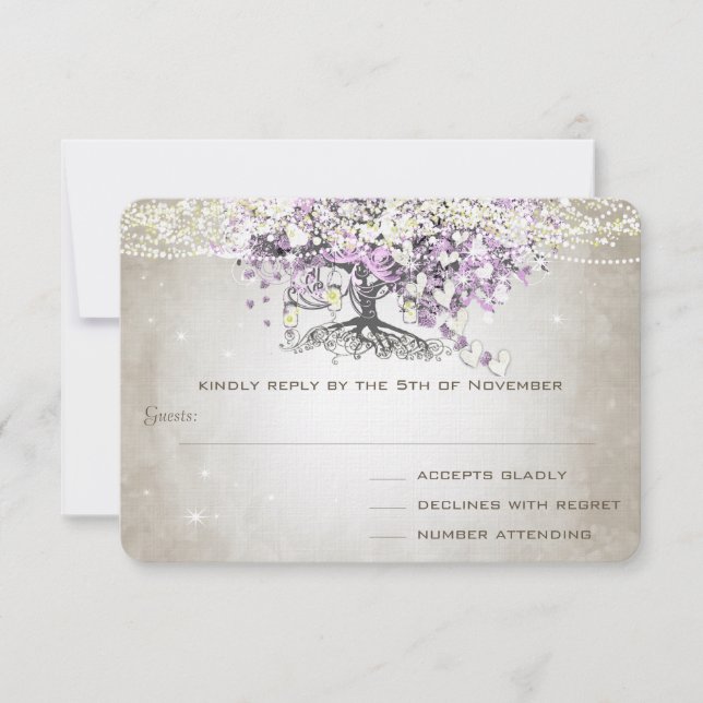 Tarjeta De Confirmación De Asistencia Boda radiante púrpura romántico de hoja cardíaca (Anverso)