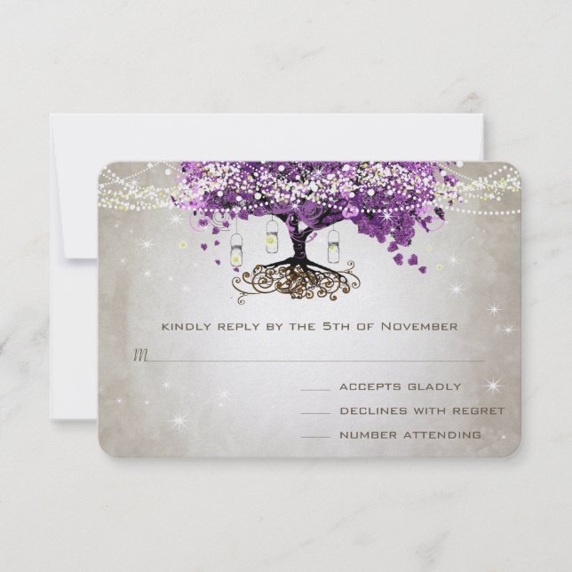 Tarjeta De Confirmación De Asistencia Boda radiante púrpura romántico de hoja cardíaca (Anverso)