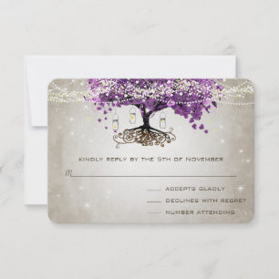 Tarjeta De Confirmación De Asistencia Boda radiante púrpura romántico de hoja cardíaca