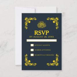 Tarjeta De Confirmación De Asistencia Boda Real Contraste Azul Medianoche y Oro