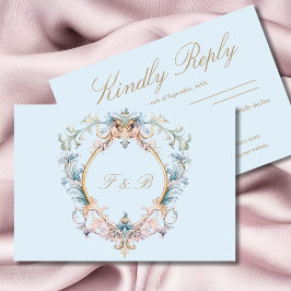 Tarjeta De Confirmación De Asistencia Boda Regency Era Monograma Azul Boda Elegante