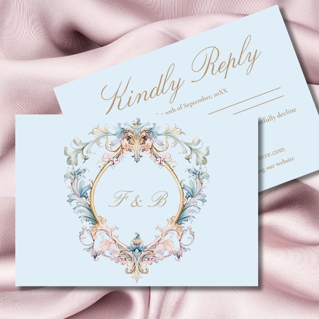 Tarjeta De Confirmación De Asistencia Boda Regency Era Monograma Azul Boda Elegante (Subido por el creador)