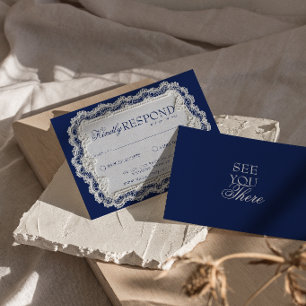 Tarjeta De Confirmación De Asistencia Boda Retro de Encaje Azul Marino Vintage