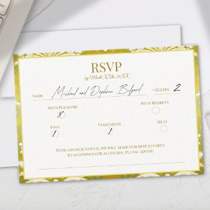 Tarjeta De Confirmación De Asistencia Boda Retro Gold Green Damask