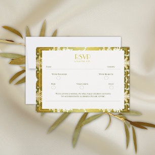 Tarjeta De Confirmación De Asistencia Boda Retro Gold Green Damask