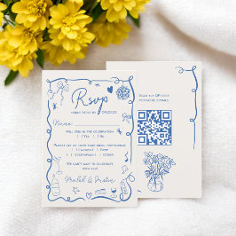 Tarjeta De Confirmación De Asistencia Boda retro trendy azul francés ilustrado QR