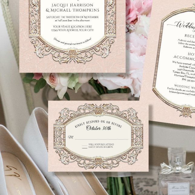 Tarjeta De Confirmación De Asistencia Boda rococó inmaculado Rubor rosa n oro (Subido por el creador)