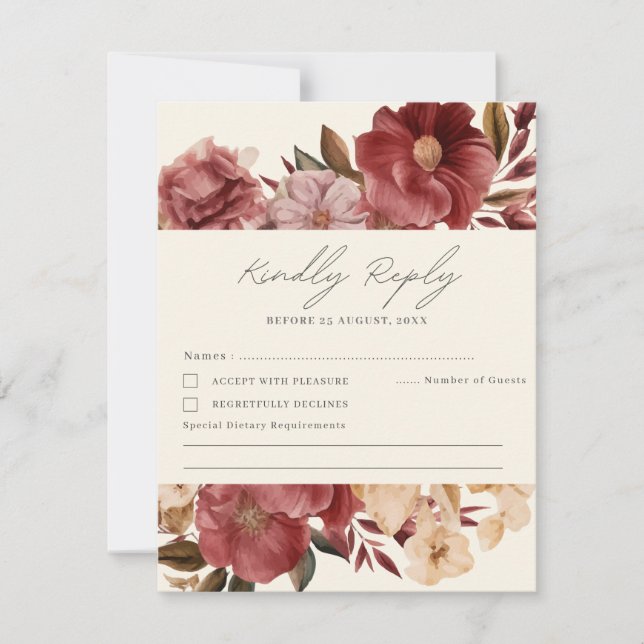 Tarjeta De Confirmación De Asistencia Boda rojizo romántico de borgoña y cobre (Anverso)