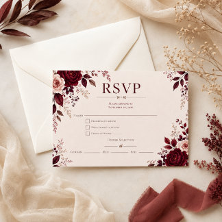Tarjeta De Confirmación De Asistencia Boda Romántica de Otoño con Burgundy Profundo