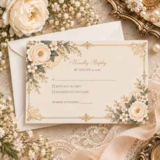 Tarjeta De Confirmación De Asistencia Boda Romántica Floral de Encaje Marfil Antiguo