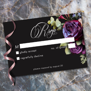 Tarjeta De Confirmación De Asistencia Boda Romántica Floral Oscura Burgundy Negro Melanc