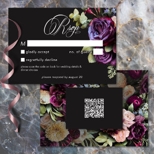 Tarjeta De Confirmación De Asistencia Boda Romántica Floral Oscura Negra Borgoña