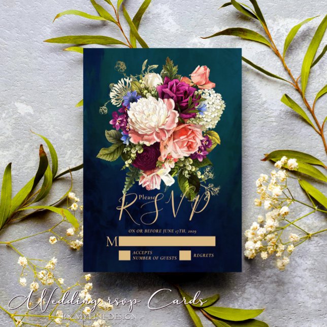 Tarjeta De Confirmación De Asistencia Boda Romántico Floral Esmeralda Verde Oro (Subido por el creador)