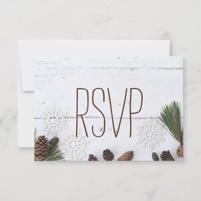 Tarjeta De Confirmación De Asistencia Boda RSVP-Winter Pinecone y Snowflakes (Anverso)