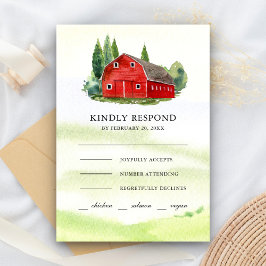 Tarjeta De Confirmación De Asistencia Boda rural rural de color acuático rojo Barn