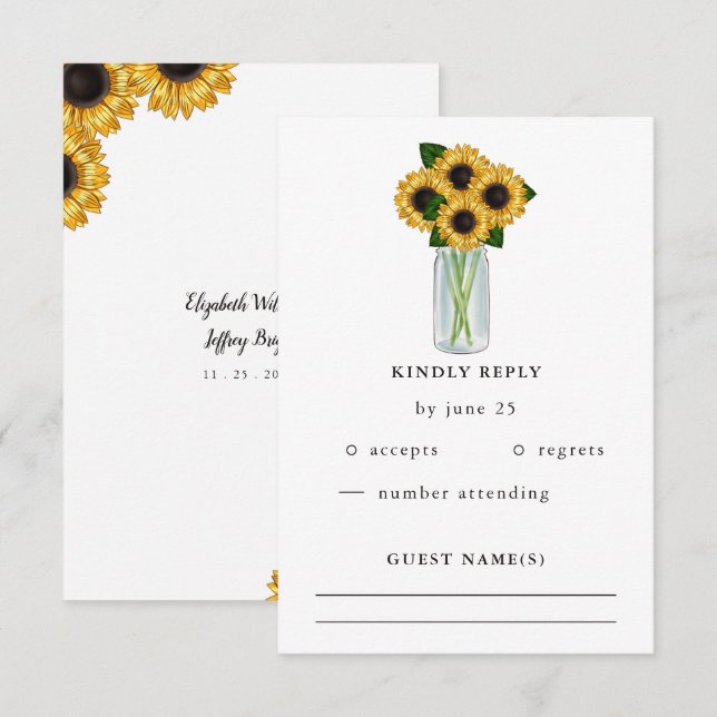 Tarjeta De Confirmación De Asistencia Boda Rustic Mason Jar Sunflowers (Anverso / Reverso)