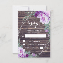Tarjeta De Confirmación De Asistencia Boda Rustic Silver & Purple Floral Barnwood