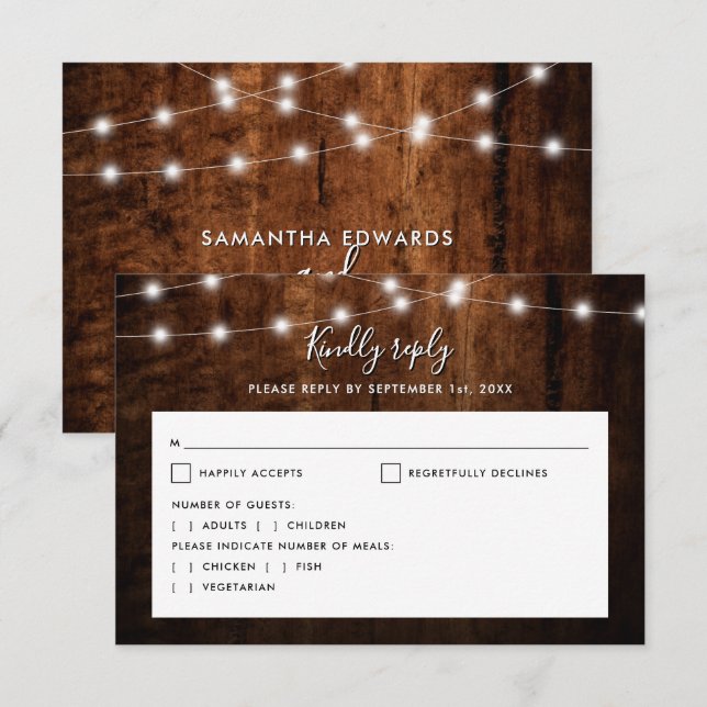 Tarjeta De Confirmación De Asistencia Boda Rustic Wood & String Lights (Anverso / Reverso)