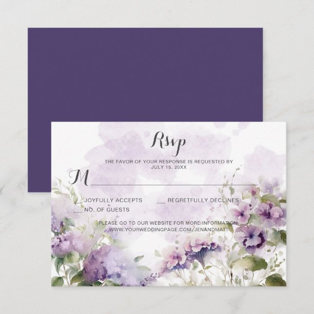 Tarjeta De Confirmación De Asistencia Boda Rústica Boho Floral Lavanda Púrpura (Anverso / Reverso)