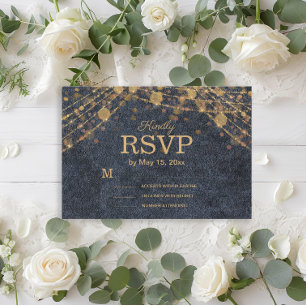 Tarjeta De Confirmación De Asistencia Boda Rústica Glam Azul Marino Dorado