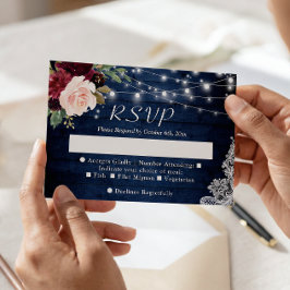 Tarjeta De Confirmación De Asistencia Boda Rústico Azul Rojo Rubor Floral String Lights